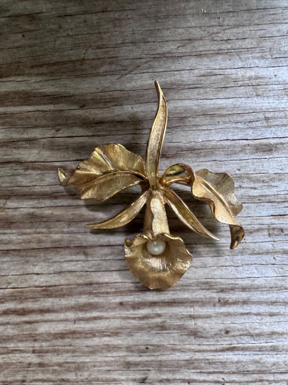 Boucher Orchid Flower Brooch Vintage Gold Tone Faux Pearl Floral Pin Signed
